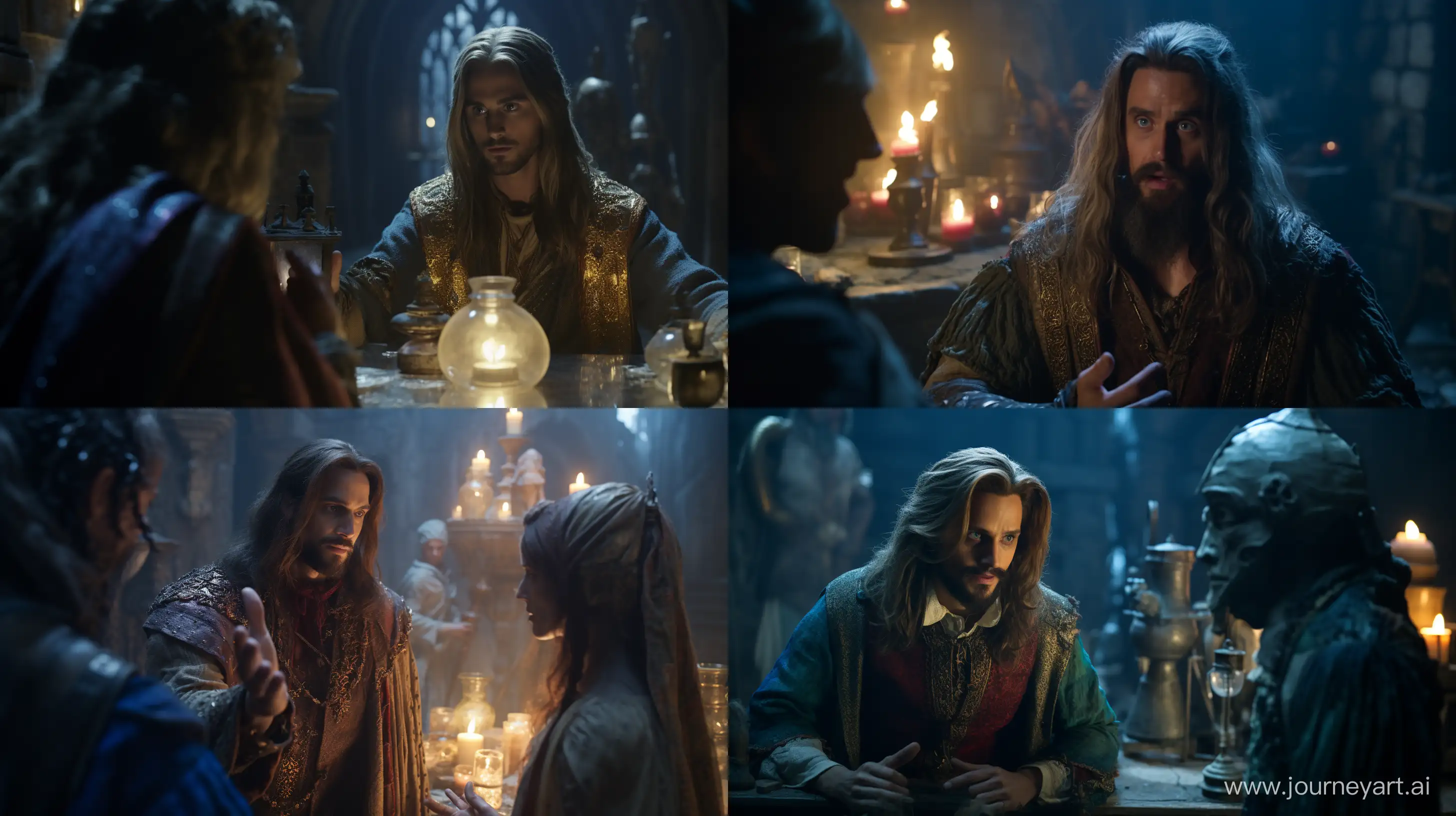 cinematic scene, jared leto knight talking to a wizard inside a medieval alchemical laboratory, surprised and amazed face, ALEXA 65, ARRI Signature Prime Lenses, 70mm --ar 16:9 --style raw