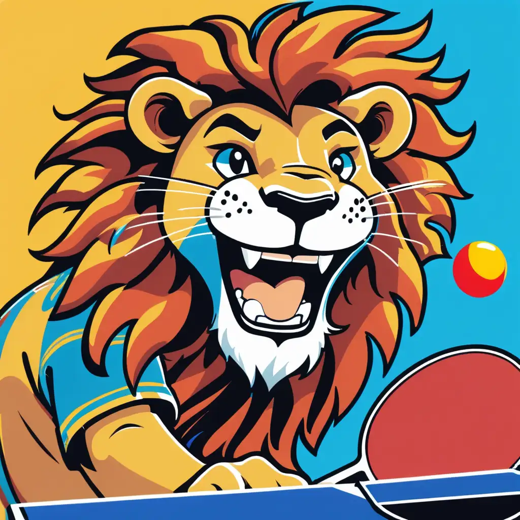 colorful youth lion smiling and playing table tennis
