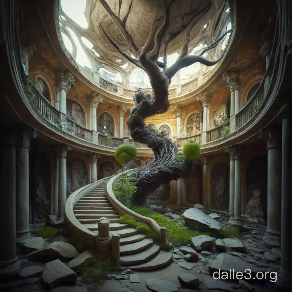 a tree sitting on top of a pile of rocks, stairs to an upper floor, artgerm julie bell beeple, rococo architecture, carved, by Peter Alexander Hay, dilapidated, swirled architecture, houzz, david la chapelle, tooth wu : : quixel megascans, oak tree, mansion