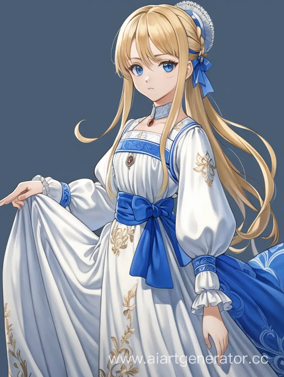 a noblewoman in full height, in a blue and white muslin dress, with blonde hair and blue eyes. she is turned slightly sideways, but the face looks forward. anime