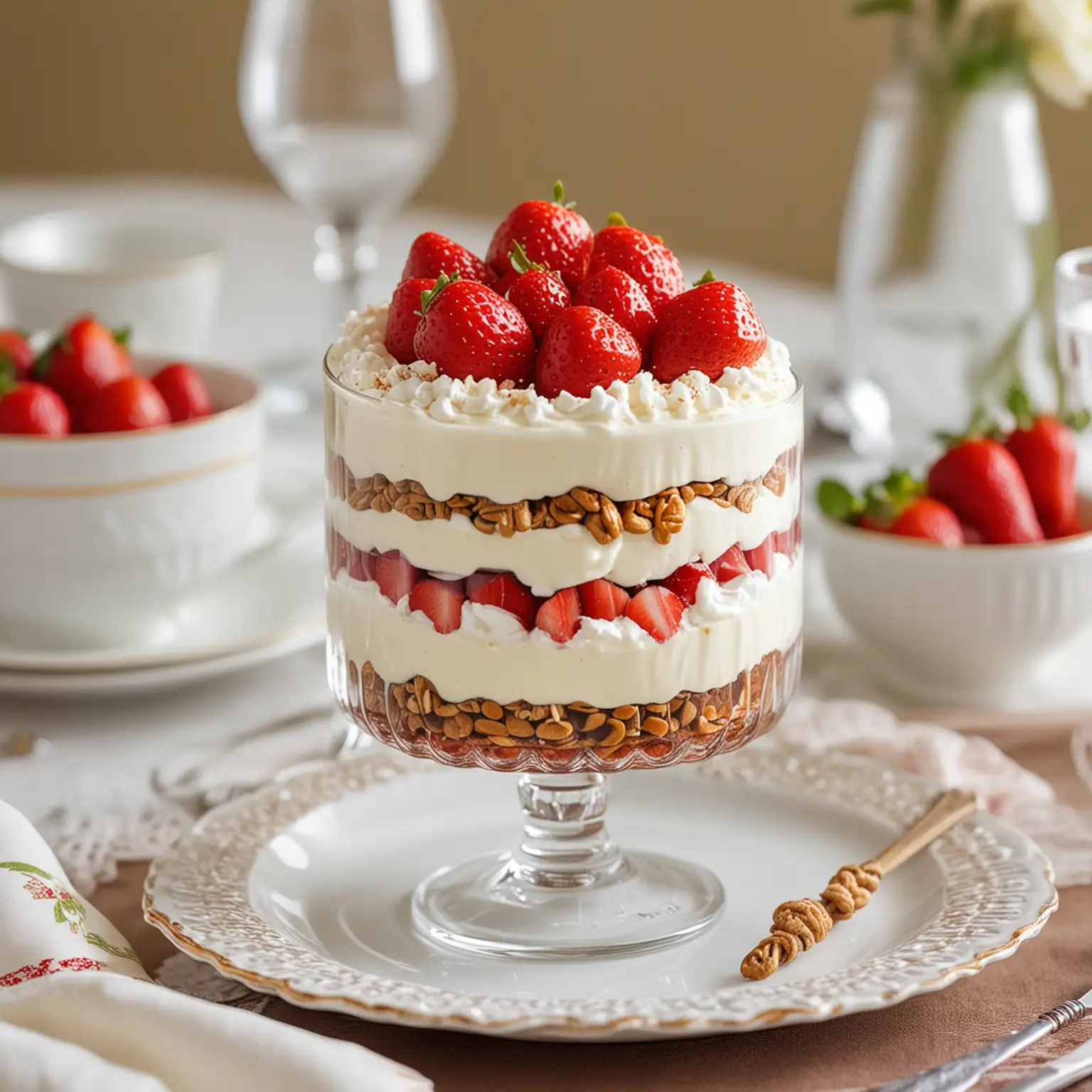 Heavenly Strawberry Pretzel Salad, a classic dessert featuring a layer of crunchy, salty pretzel bits topped with a creamy sweet cream cheese layer and a fresh strawberry topping, set on an elegant dining table with fine china and crystal glassware, the scene exudes a sense of classic elegance and sophistication, ideal for a high tea setting, Photography, DSLR with a 50mm prime lens, --ar 1:1 --v 5

