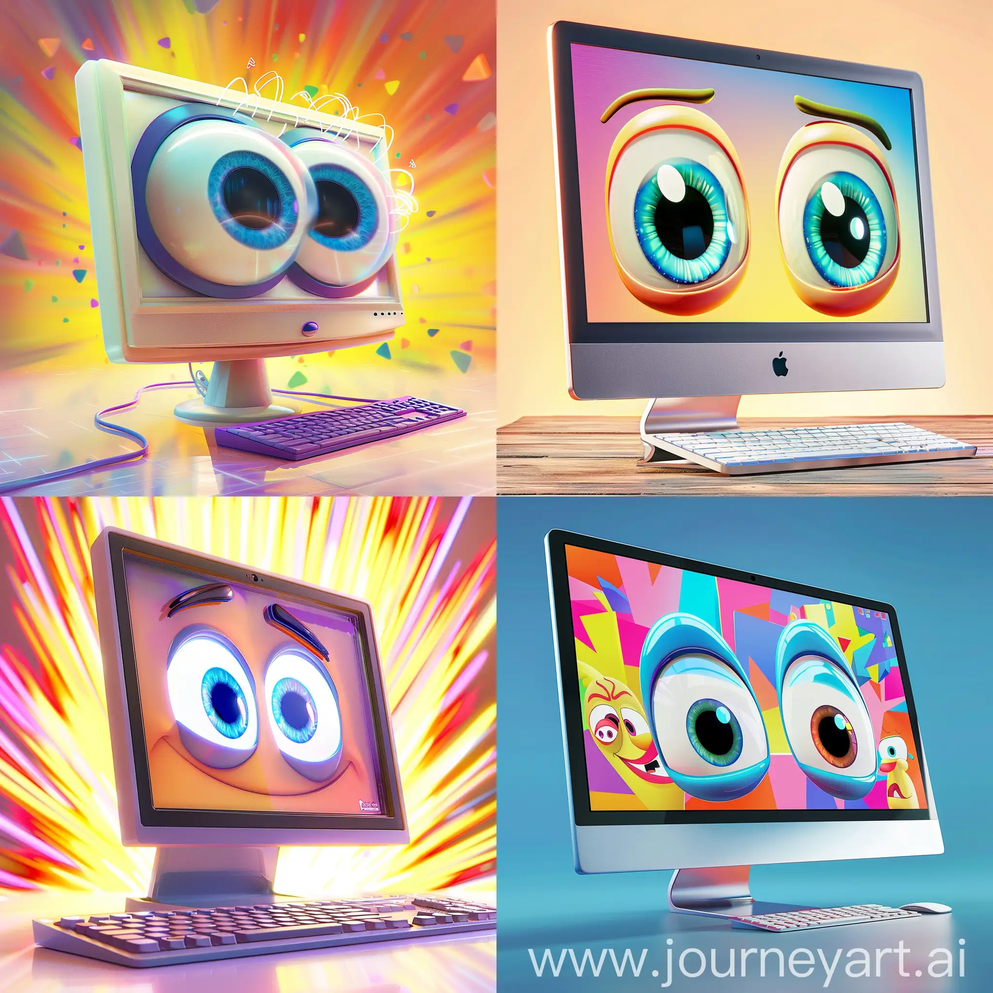 computer с большими глазами эмоциональный  вид сбоку 
симметричный анимация pixar на ярком фоне