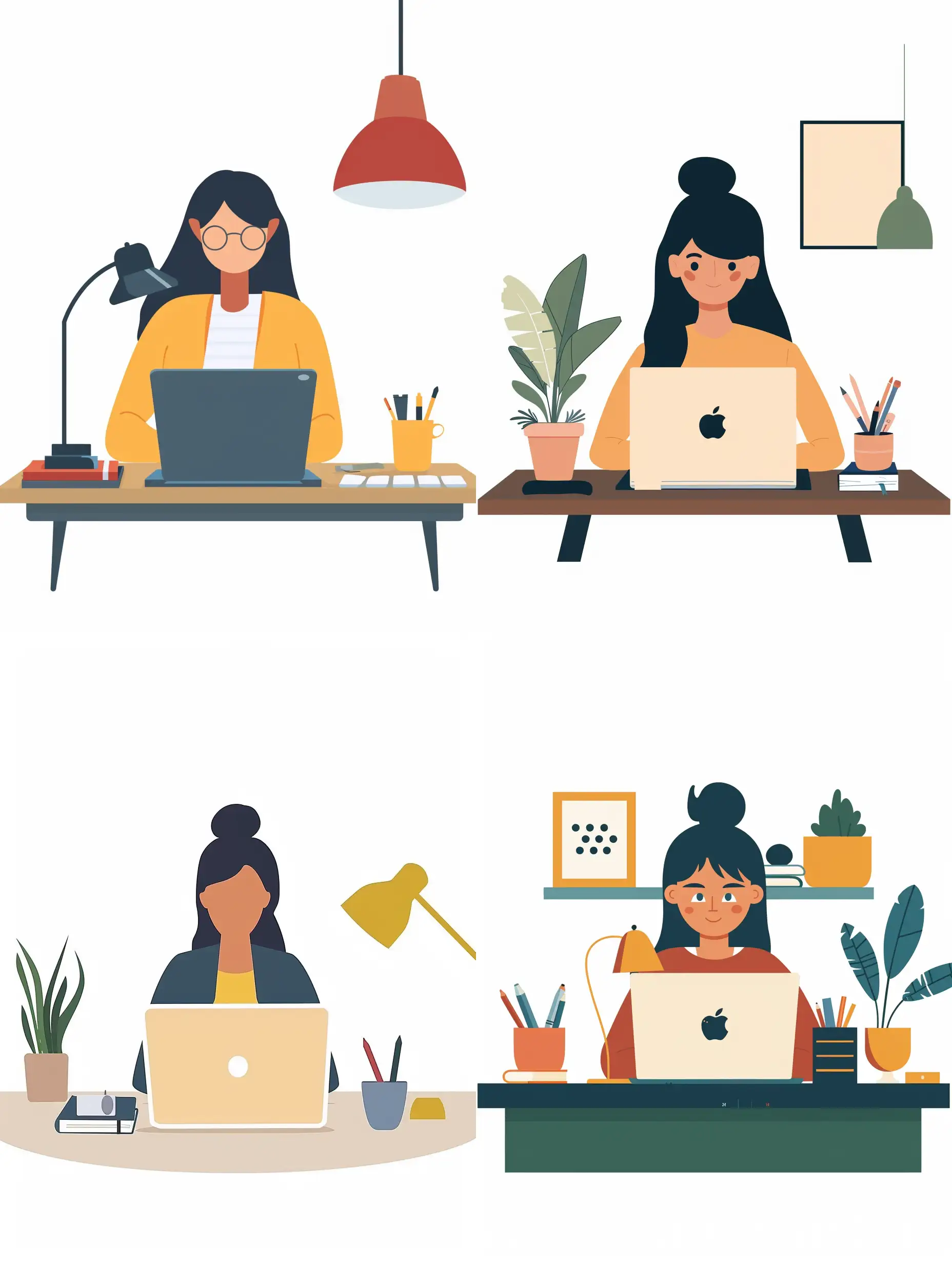 Simplified flat art vector image of a woman works behind a laptop home office, white background

