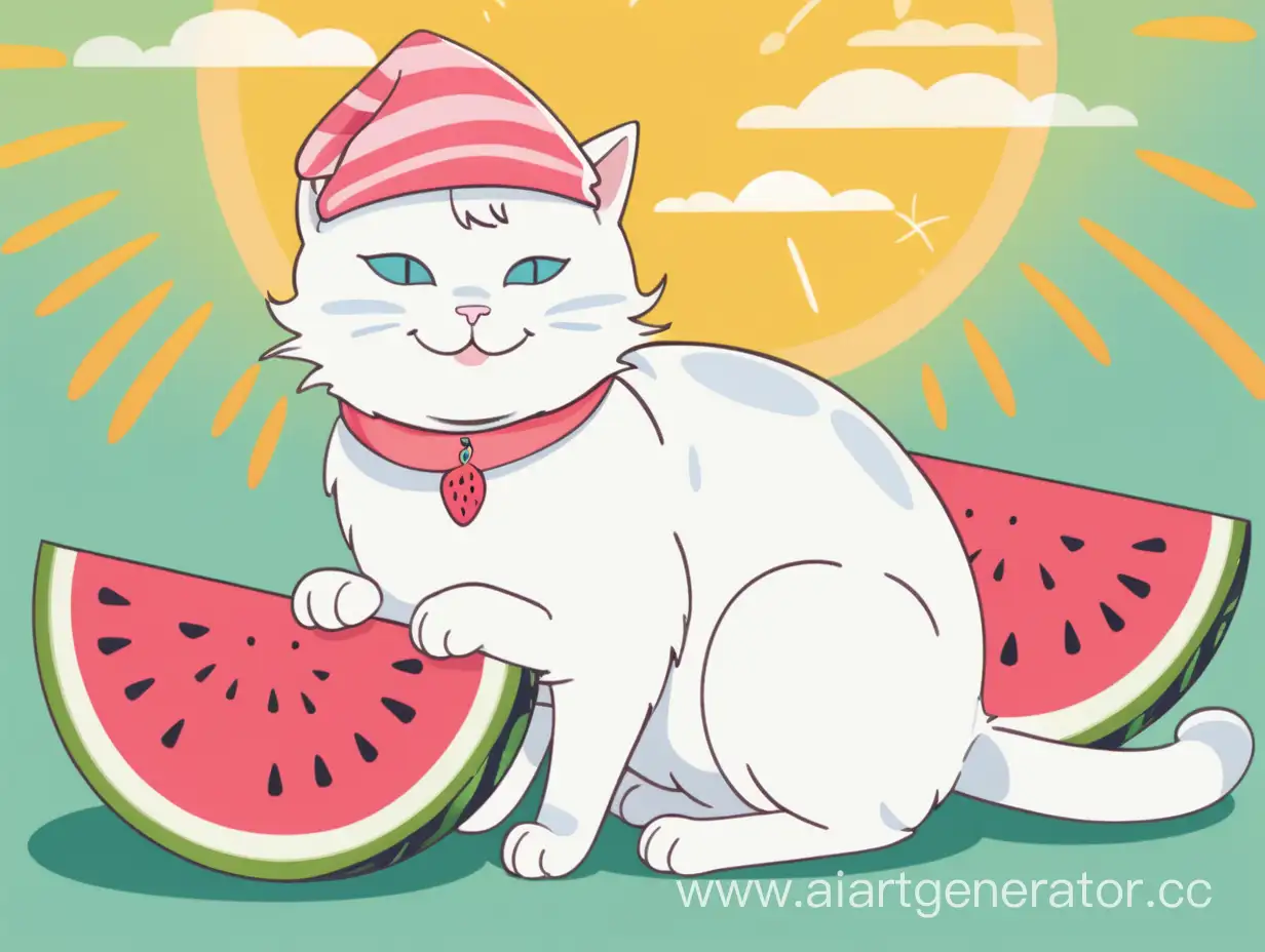 Joyful-White-Cat-Wearing-New-Years-Cap-with-Watermelon-Delight
