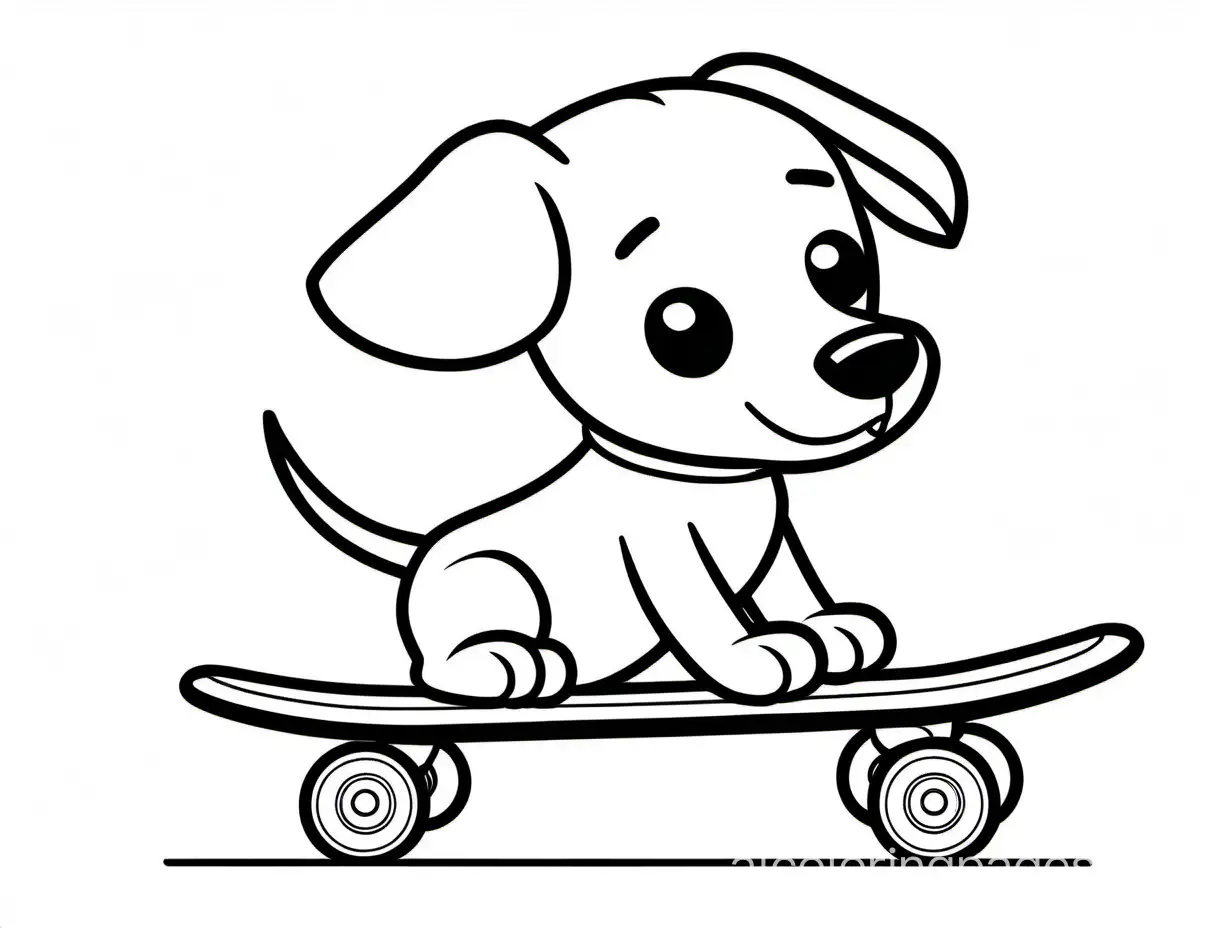 A cartoon dog on a skateboard, Coloring Page, black and white, line art, white background, Simplicity, Ample White Space. The background of the coloring page is plain white to make it easy for young children to color within the lines. The outlines of all the subjects are easy to distinguish, making it simple for kids to color without too much difficulty