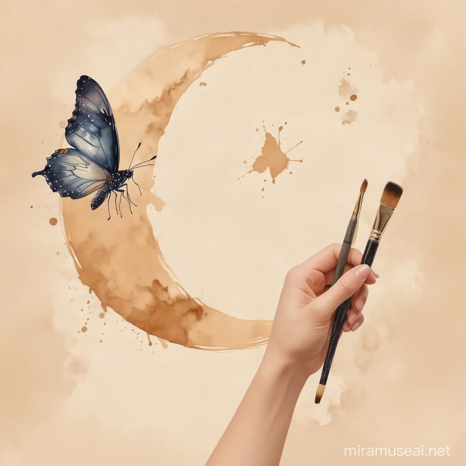 aquarelle représentant croissant de lune avec papillon et main tenant un pinceau dessinée, couleurs beige 