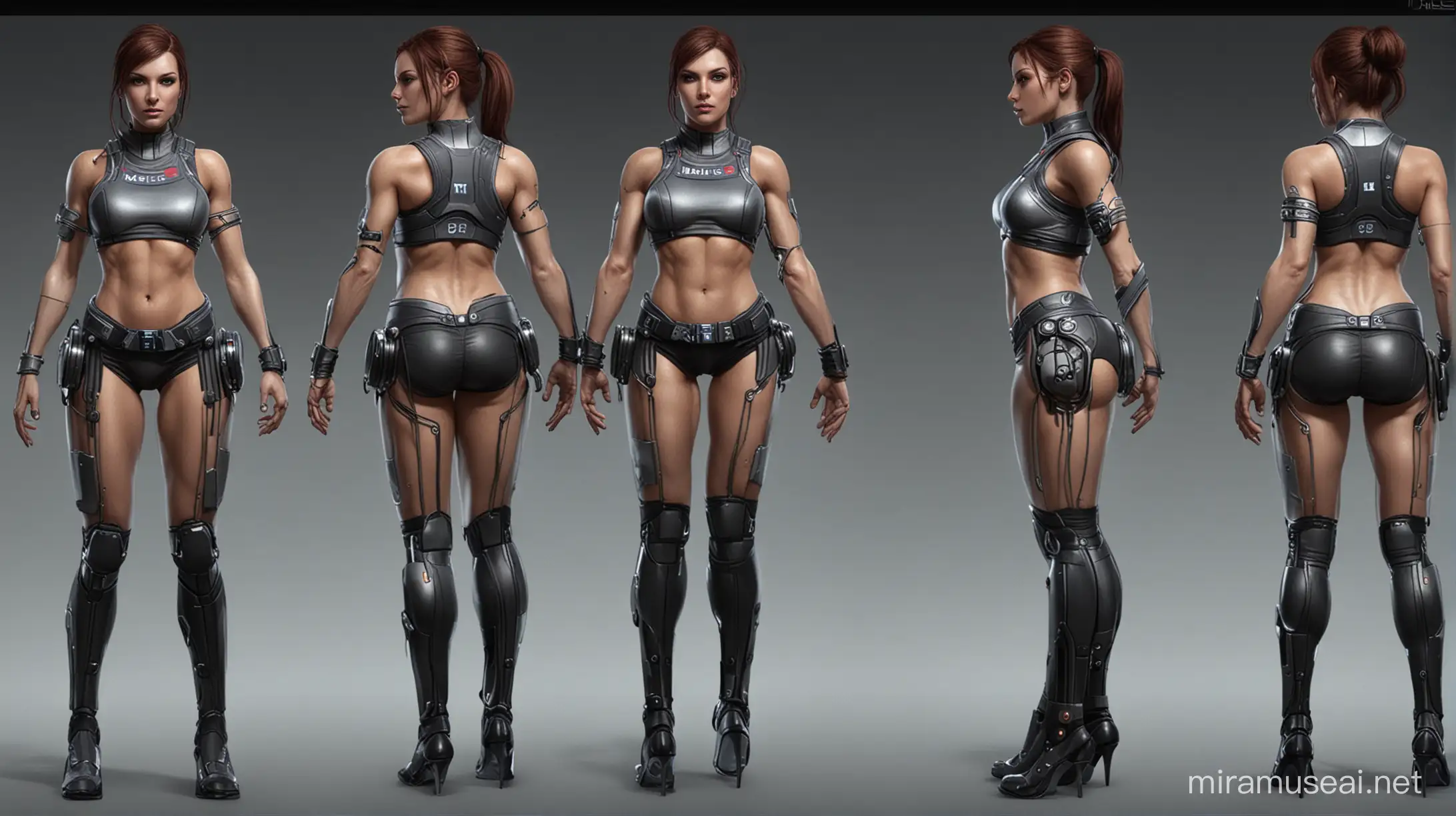 A illustration, for a character reference sheet, for a Mass Effect style cheerleader, with a busty athletic body, machine parts, wires intricate, full body, turn around, front view, back view, head-to-toe, standing poses, body in frame, hard, delicate, brutal, tough, stiff, crude, octane render, highly detailed, volumetric, dramatic lighting, insanity detailed hands, biomechanical android, anatomy illustration, Science fiction background, flawless face, perfect face, highly detail face, flawless eyes, perfect eyes