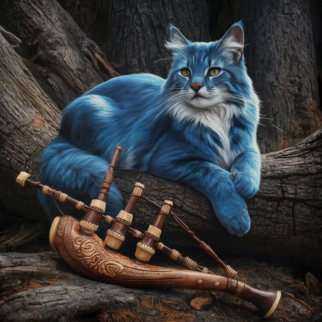 majestic blue feline, bagpipe carving, realistic style