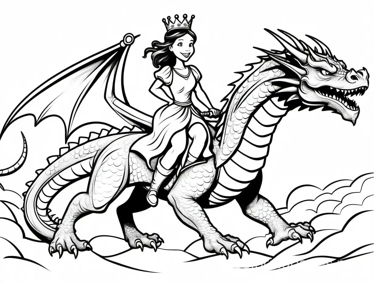 Kids illustration, fierce king dragon, with a princess riding on it,  carton style, use vivid colors, thin lines, vivid colors — ar 9:11, Coloring Page, black and white, line art, white background, Simplicity, Ample White Space. The background of the coloring page is plain white to make it easy for young children to color within the lines. The outlines of all the subjects are easy to distinguish, making it simple for kids to color without too much difficulty