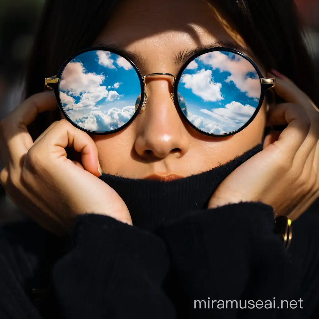 A photography close up to a indie young woman wearing round sunglasses with the reflection of clouds and the sky in them.