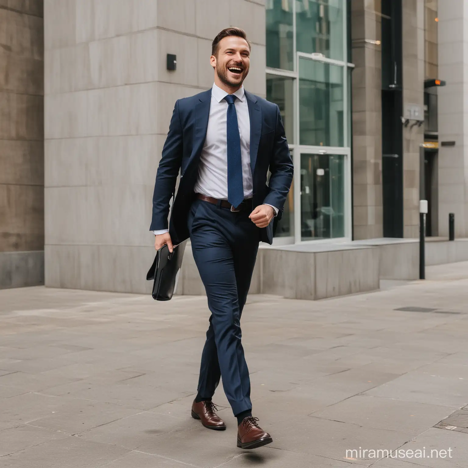 man in suit walking happily into work
