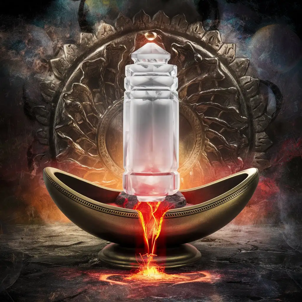 A Hindu Yoni & Linga statue consisting of a cylindrical upright crystal (Linga) representing the masculine aspect of the Hindu deity Shiva, placed on an oval metallic base (Yoni) representing the feminine aspect of the goddess Shakti. Hot lava emerges from where they join.
