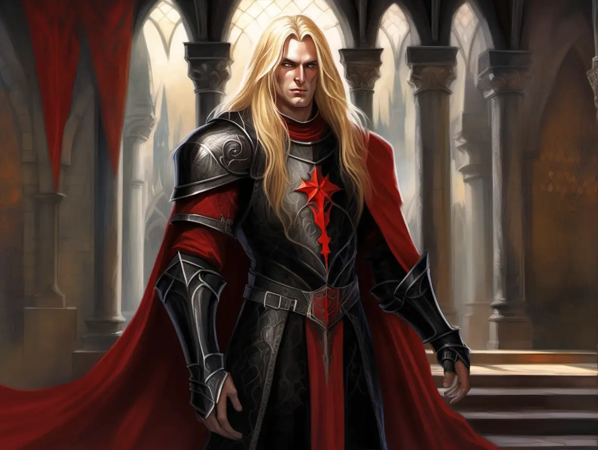 sleazy handsome man, cleric, long straight blond hair, black red demonic armor, morningstar, castle interior, Medieval fantasy painting, MtG art