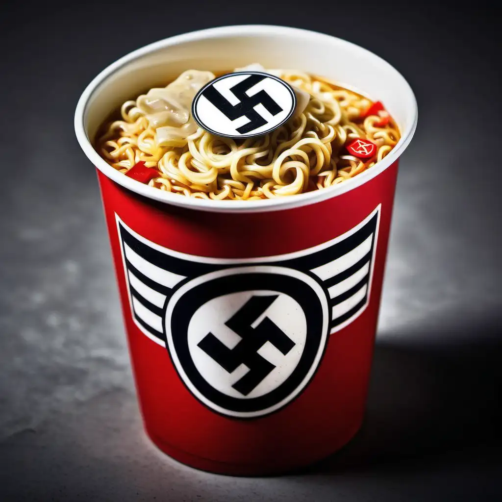 A cup of noodles with a nazi badge on it