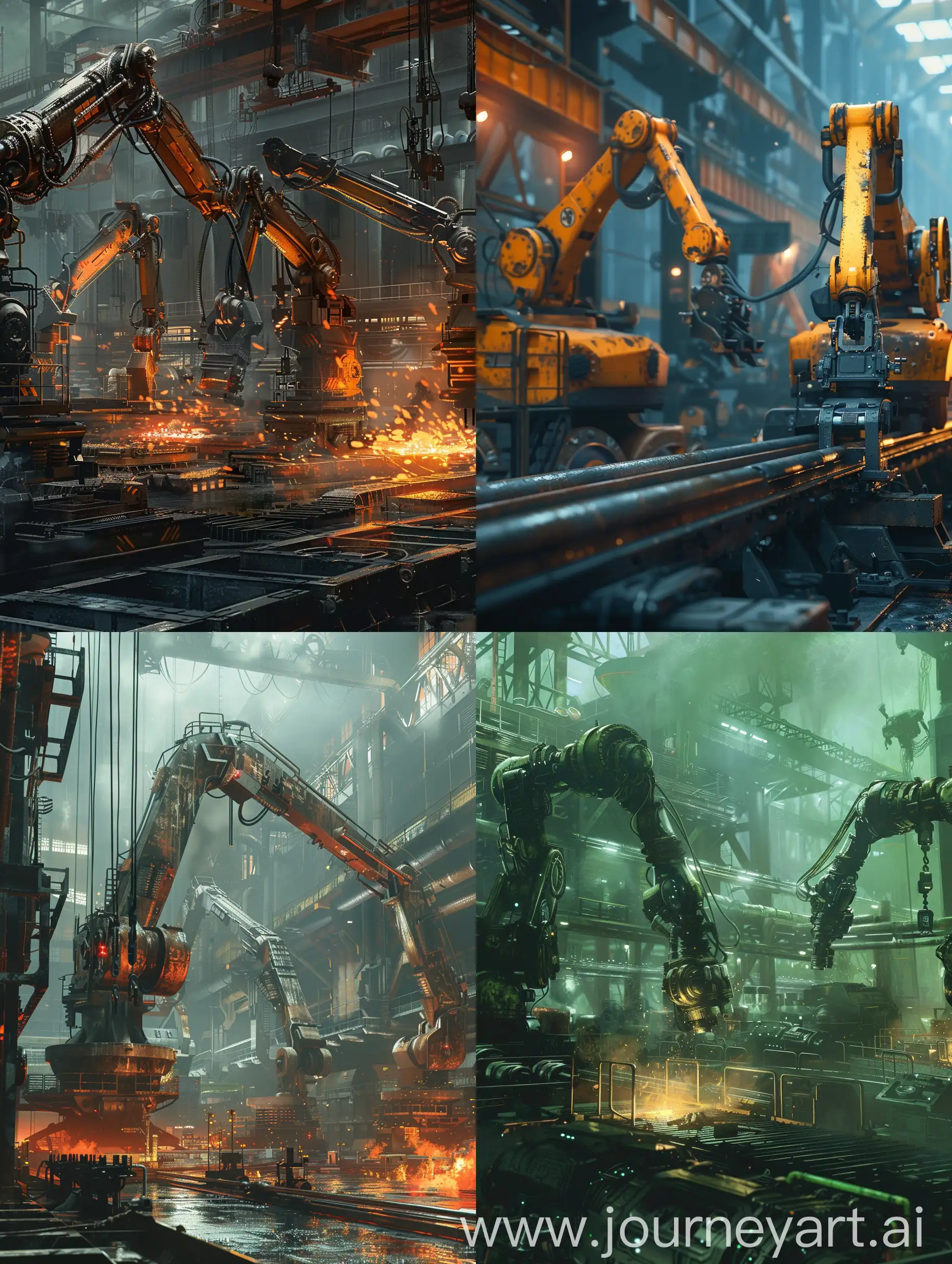 Cyberpunk-Style-Mechanical-Arms-in-Metallurgical-Factory