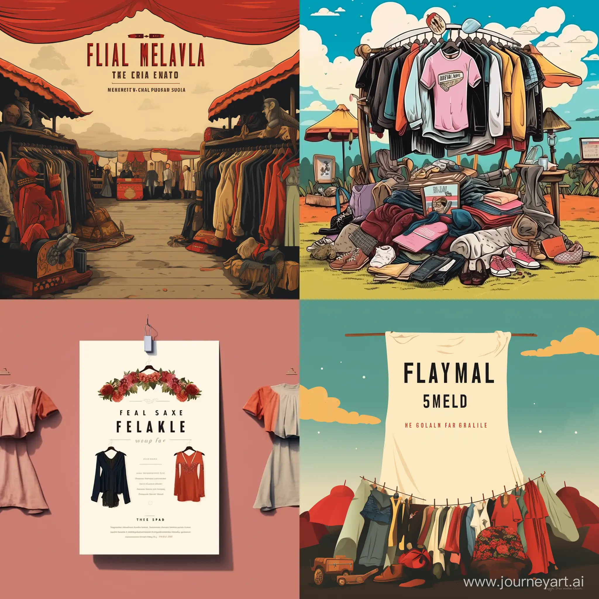 create a flyer for an event selling used clothing at a market. The name should be kept as "Flea Market". the background should be allude to a used clothing market.