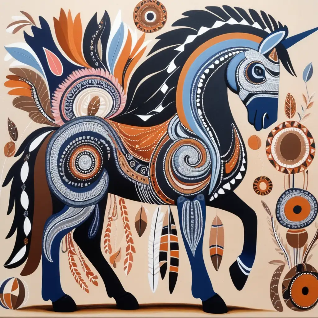 modern-australian aboriginal-artwith-light background and earthy colors, black, navy blue pink-blue-orange-brown-white-grey-black-with-a-pegasus