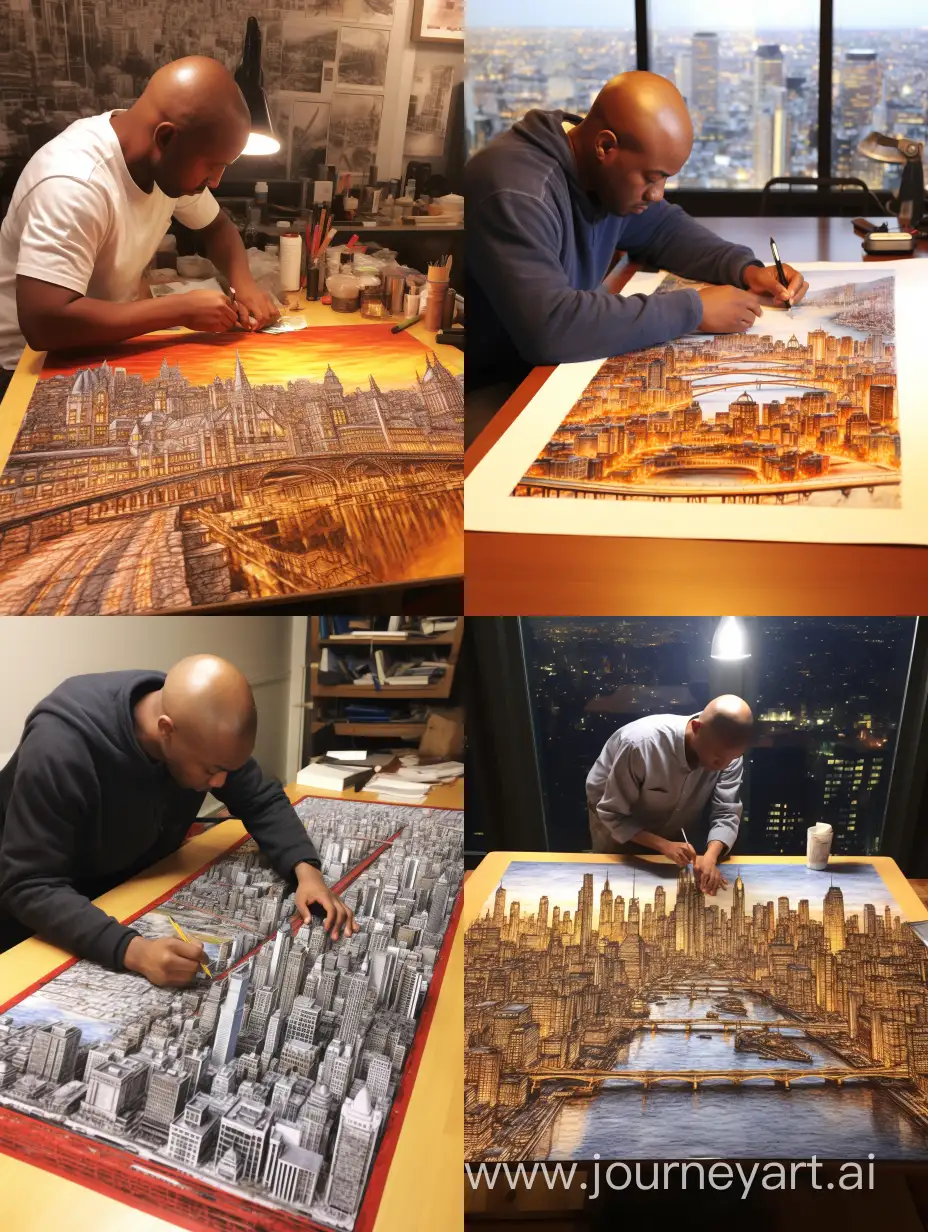 masterpiece, best quality, high resolution, long shot, highly detailed, Art style: Stephen Wiltshire, Description: stunning rendition of a famous bridge, showcasing its structural beauty, surrounding cityscape, inspired by Stephen Wiltshire's knack for capturing iconic landmarks, vibrant colors, intricate details, sense of scale, architectural marvel, Art style: Stephen Wiltshire, Lighting: sunset lighting, casting warm and dramatic hues, Details: intricate steel framework, suspension cables, flowing river, bustling city, architectural landmarks, Wanted Image Type: long shot, highly detailed, panoramic, aerial view.