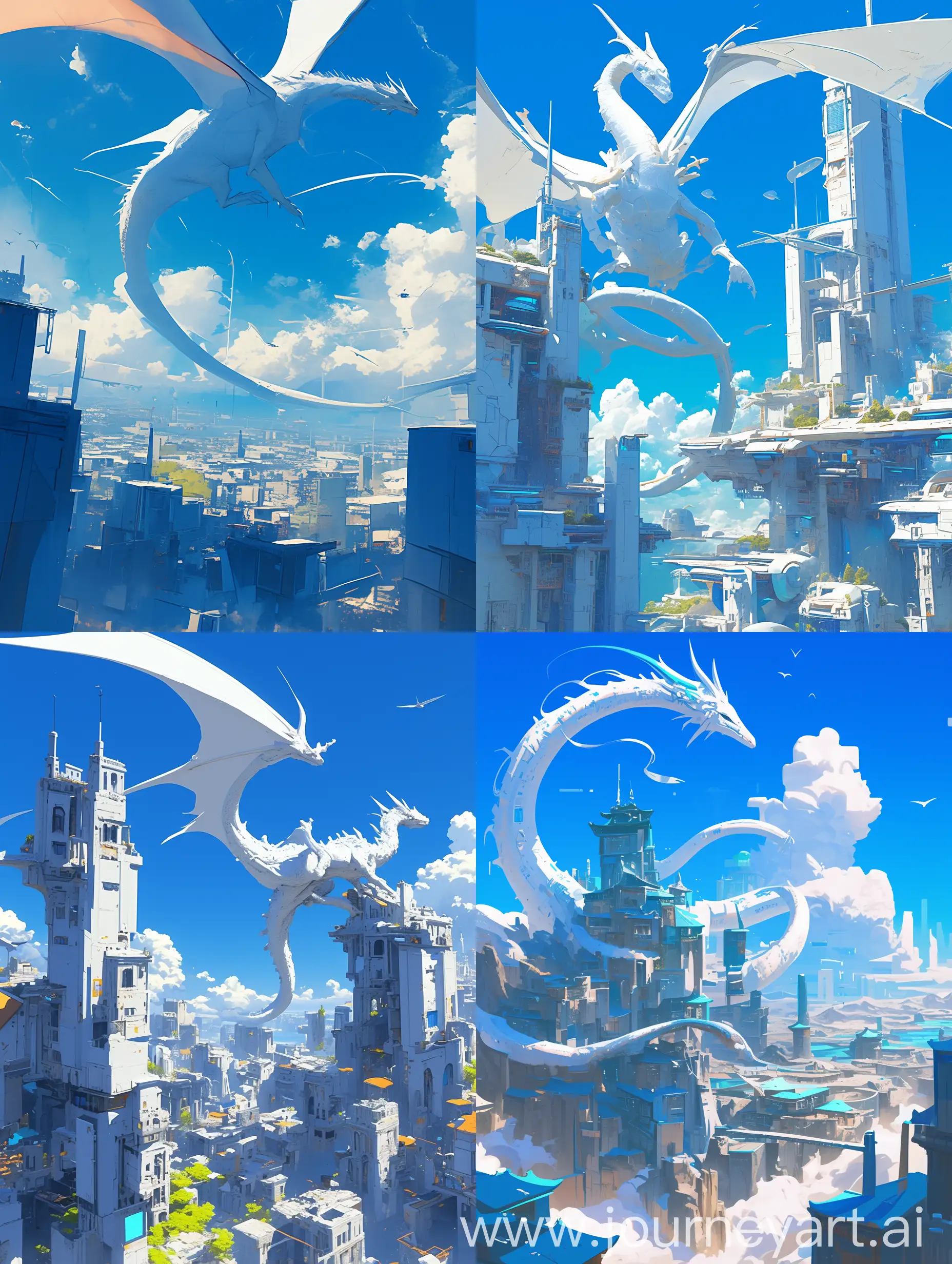 white graceful dragon in the sky, blue sky with minimalistic clouds, super futuristic city with unusual design from the bottom, super bright colors and minimalistic semi-cartoon --niji 6