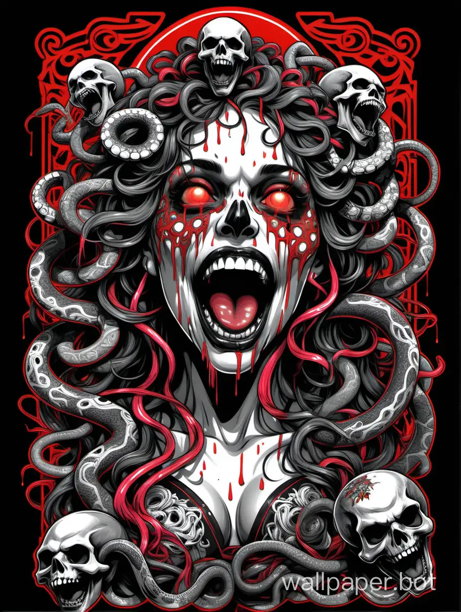 skull young medusa odalisque, skull face,  front head ,laugh crazy face, open mouth with tongue, chaos ornamental, neon snakes, darkness, asymmetrical, Chinese poster, torn poster edge, Alphonse Mucha hyper-detailed, high-contrast, black white gray, delicate red line details, dripping colors, explosive colors, sticker art