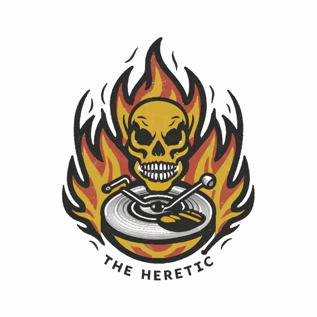 a logo design,with the text 'The heretic', main symbol:Logo Symbol: half turntable and half an angry grin skull with fire in its eyes,complex,be used in Entertainment industry,black clear background