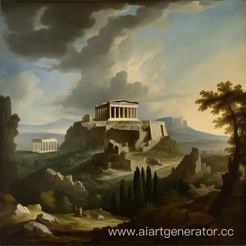 На картине изображены горы, на вершине которых стоит храм Парфенон, окруженный облаками. Внизу поляна и там стоит одна колонна от этого замка, а вторая лежит сломанная на поляне.