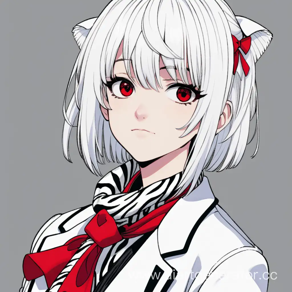 Girl with white hair, boyish haircut, black eyes in a white jacket with a red bow tie and zebra-print scarf, manga