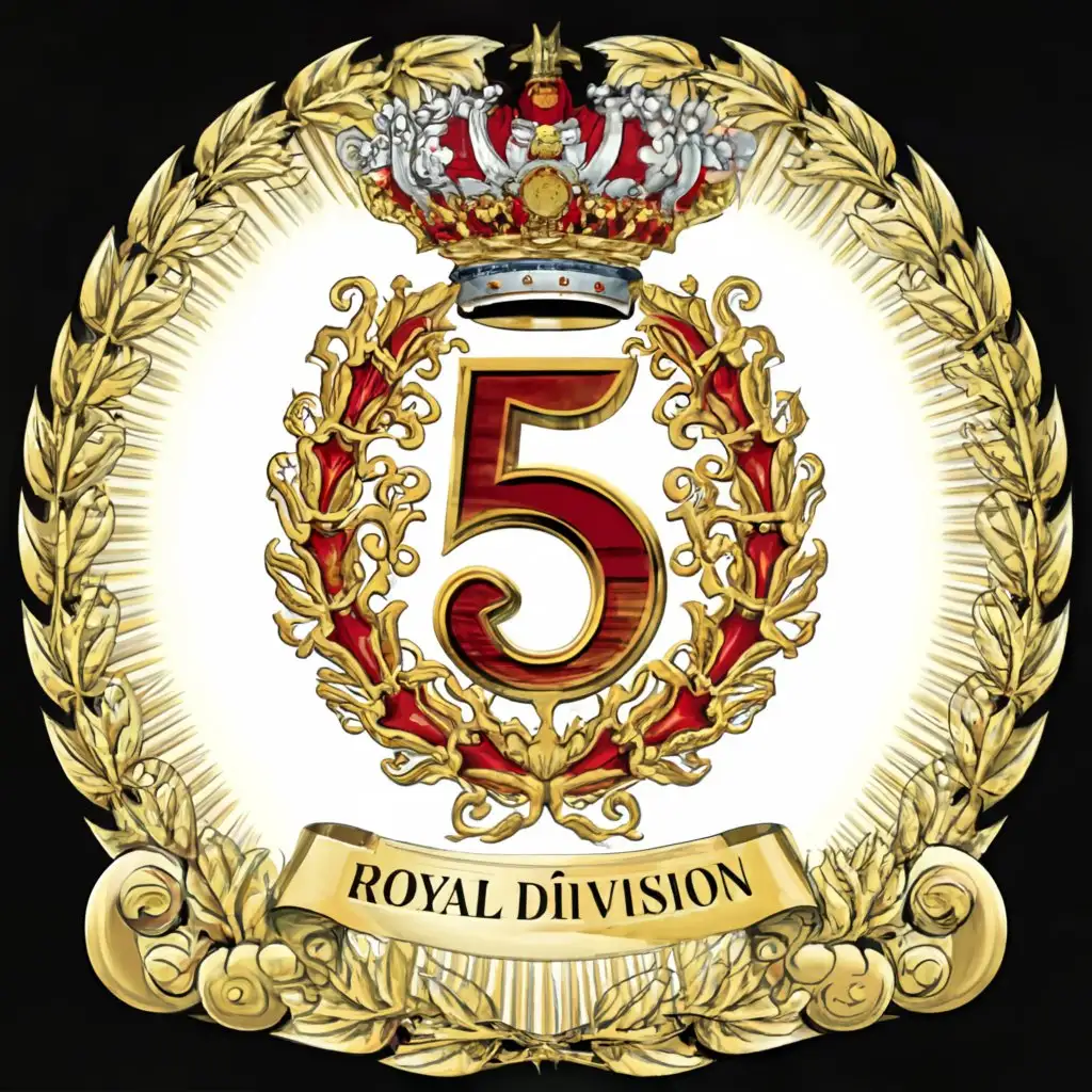 a logo design, with the text '5', main symbol: regiment emblem, historic, text: royal division, caligraphy, white background, red, white, gold, circular, Moderate, clear background