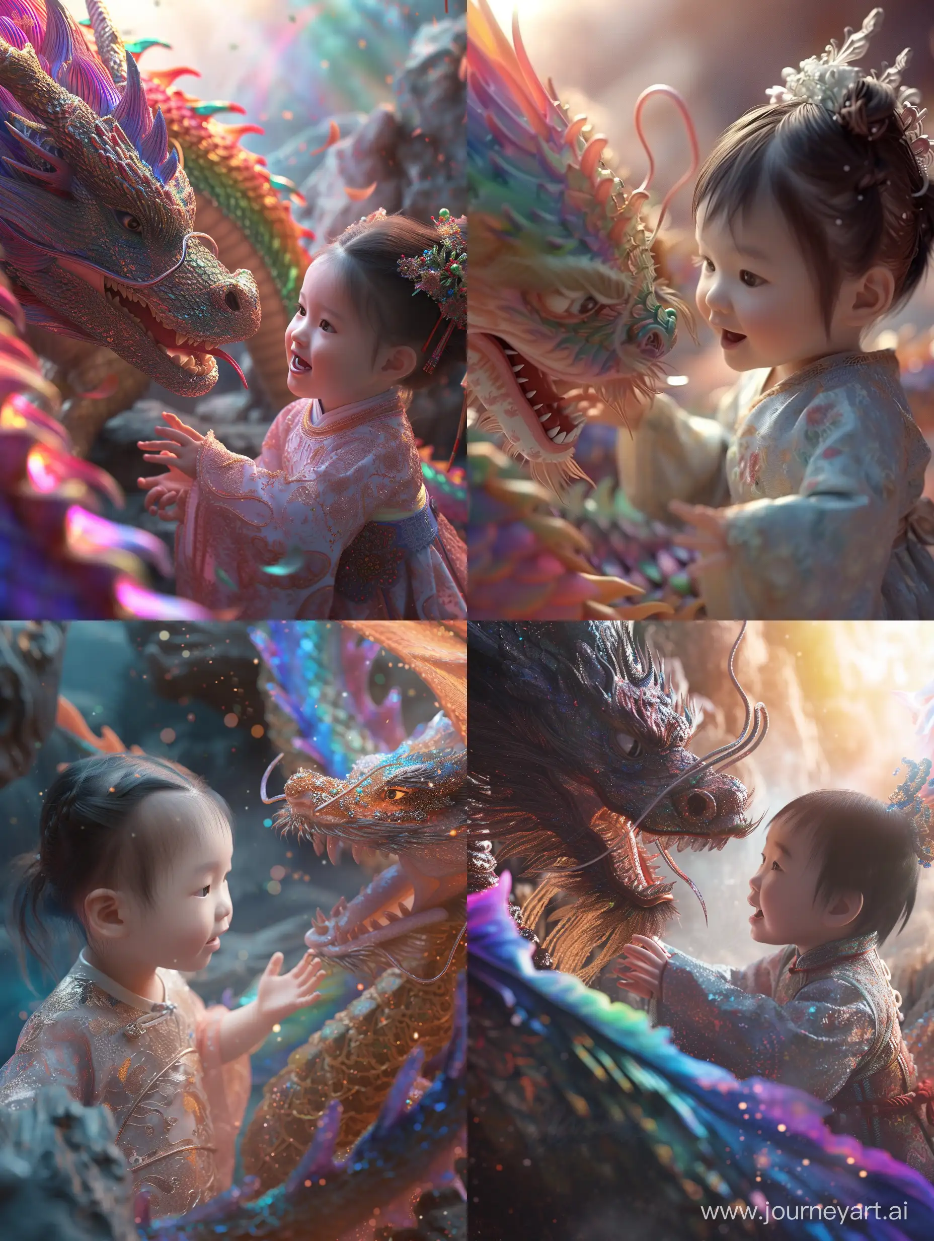 An enchanting scene unfolds as a 1-year-old Chinese girl, dressed in a magnificent Hanfu, is surrounded by a rainbow dragon. The close-up shot captures the sheer joy on her face as she interacts with the mythical creature. The grandeur of the scenery, combined with the simplicity of the minimalist design, creates a masterpiece of surrealism. The C4D rendering enhances the lifelike details, while the cinematic lighting adds a touch of magic. With 8K HDR best quality, this artwork showcases the beauty of both the subject and the realistic setting.


