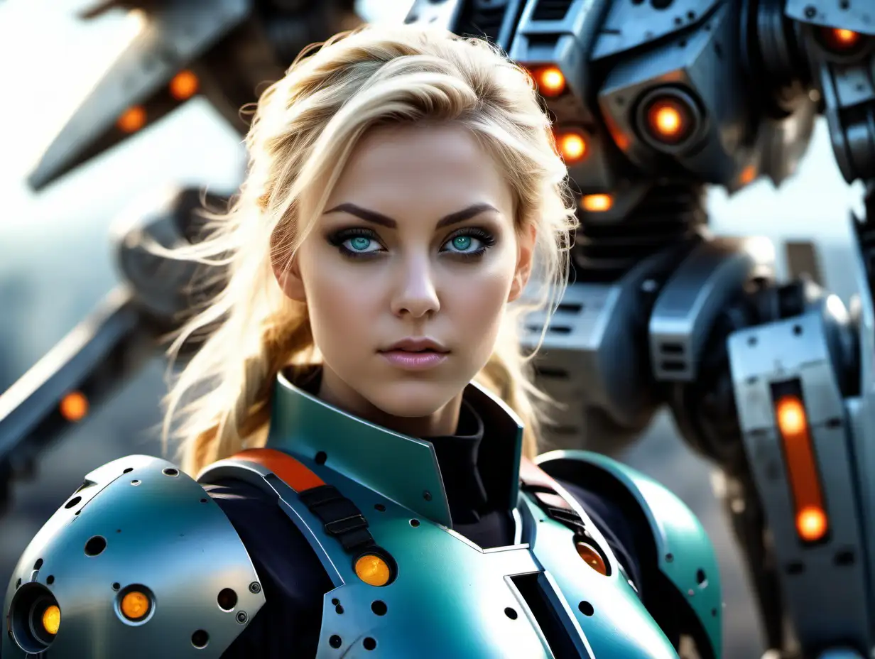 Attractive Nordic Anthem Javelin Pilot Poses with Giant Robot