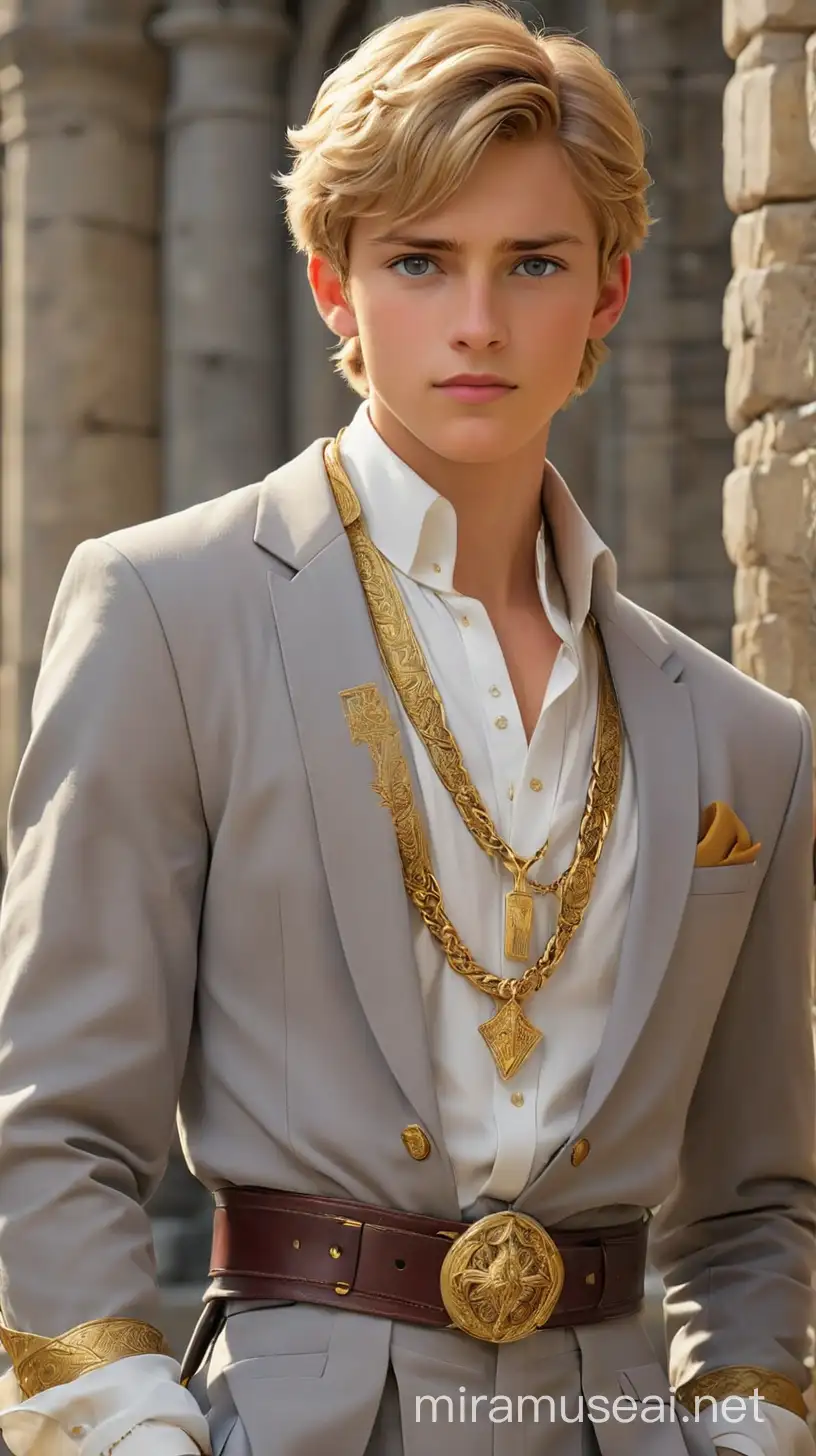 a fair skinned teenage boy with golden blond hair and gray eyes. He wears a crisp white dress shirt with a high collar, adding a touch of formality to his ensemble. The shirt is adorned with subtle gold embroidery along the cuffs and collar, evoking the opulence of the royal court. He wears a tailored blazer in a brick red hue, reminiscent of the colors of Camelot. The blazer features gold buttons embossed with intricate Celtic knotwork, symbolizing his noble lineage. The fit is impeccable, accentuating his stature and commanding presence. He wears sleek gray jeans with a slim, modern cut, providing a contemporary contrast to the traditional elements of his outfit. The trousers are impeccably tailored, allowing for freedom of movement while exuding sophistication and refinement. He wears polished gold leather boots in a rich mahogany shade, embellished with gold accents reminiscent of medieval armor. The boots feature intricate detailing inspired by the legendary tales of King Arthur's knights, adding a touch of authenticity to his ensemble. He is accompanied by a statement belt crafted from rich brown leather, adorned with a gold buckle in the shape of Excalibur, the legendary sword of King Arthur. He also wears a golden pendant around his neck, bearing the crest of Camelot, symbolizing his royal heritage. Additionally, he dons a modern wristwatch with a leather strap, blending contemporary style with timeless sophistication. 