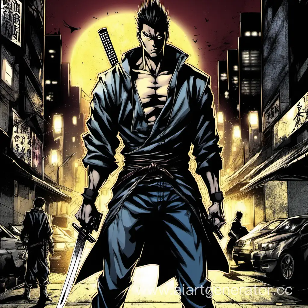 comic art, manga art, street warrior, male, katana, handgun, night street background, dim light