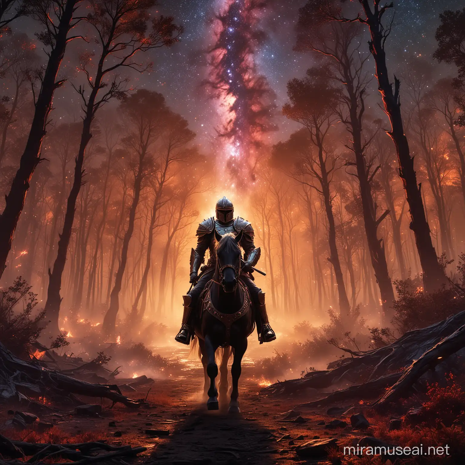 In a stunning 4K ultra HD shot, the cosmic knight riders emerge from the engulfed woods, their presence ethereal yet resolute against the backdrop of blazing infernos. Clad in celestial armor that gleams with otherworldly luminescence, they ride forth on majestic steeds whose hooves leave trails of stardust in their wake.

As the flames lick at the edges of the forest, the cosmic knights charge forward, their swords aglow with the power of distant galaxies. Behind them, cinematic backgrounds showcase the grandeur of the cosmos, with swirling nebulas and distant star clusters painting the sky in hues of cosmic wonder.

With each stride, the cosmic knights defy the chaos of the inferno, their purpose clear as they venture forth to restore balance to the universe. This breathtaking scene captures the essence of their celestial quest, a masterpiece of both beauty and bravery in the face of cosmic turmoil, cinematic looks, mesmerizing backgrounds, 4k ultra HD 