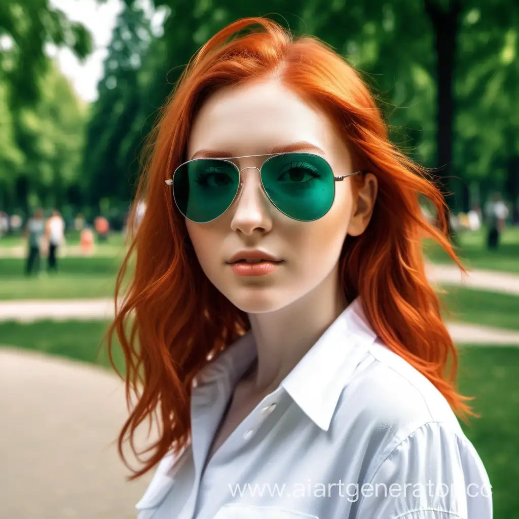 red-haired girl in the park, aviator prescription glasses, summer
