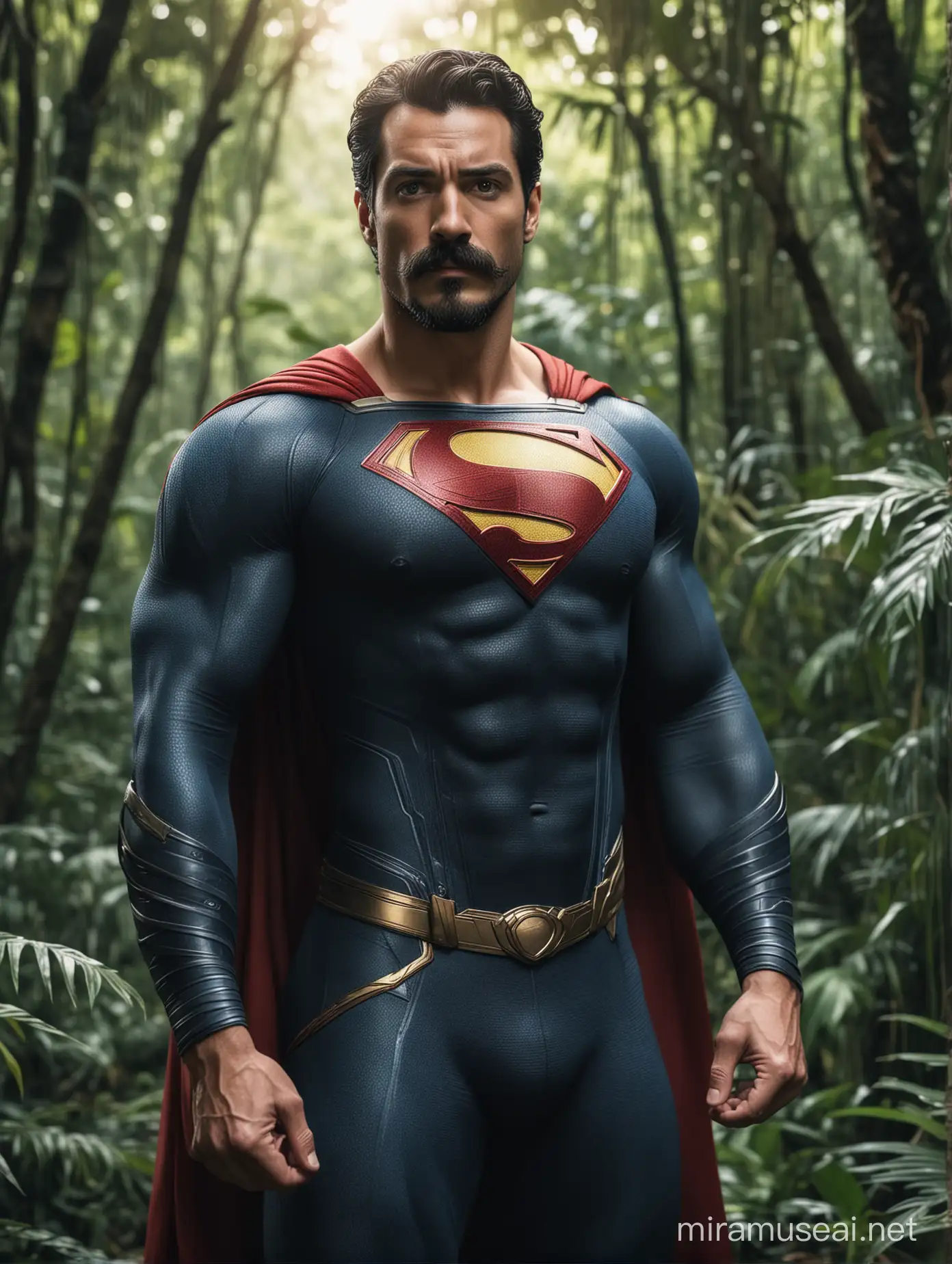 Muscular Superman with moustache with beard standing in jungle 