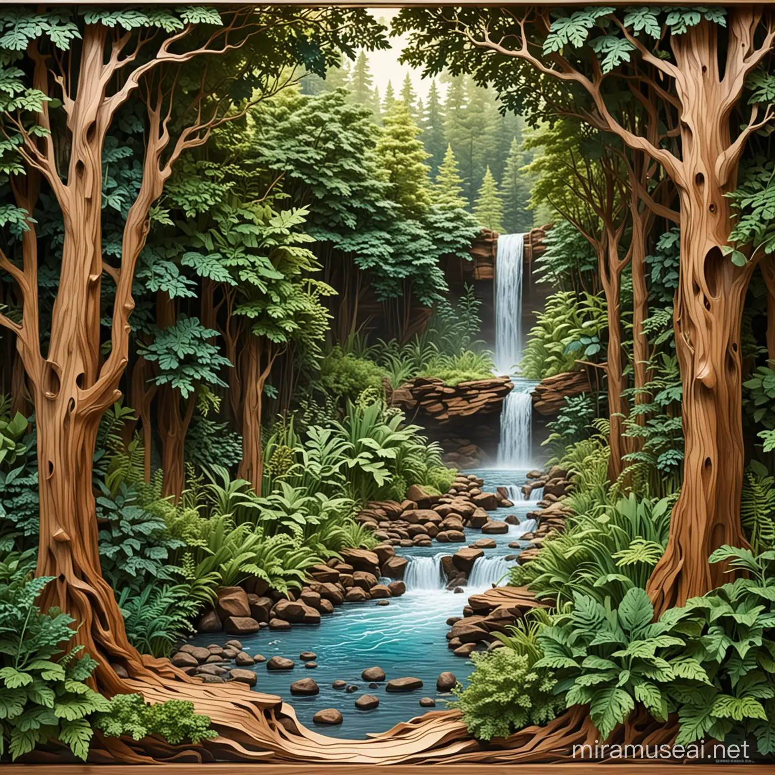 design for laser cut, cascading stream flowing through verdant forest, layered laser cut wood, waterfall, 3d cut layers bas relief
