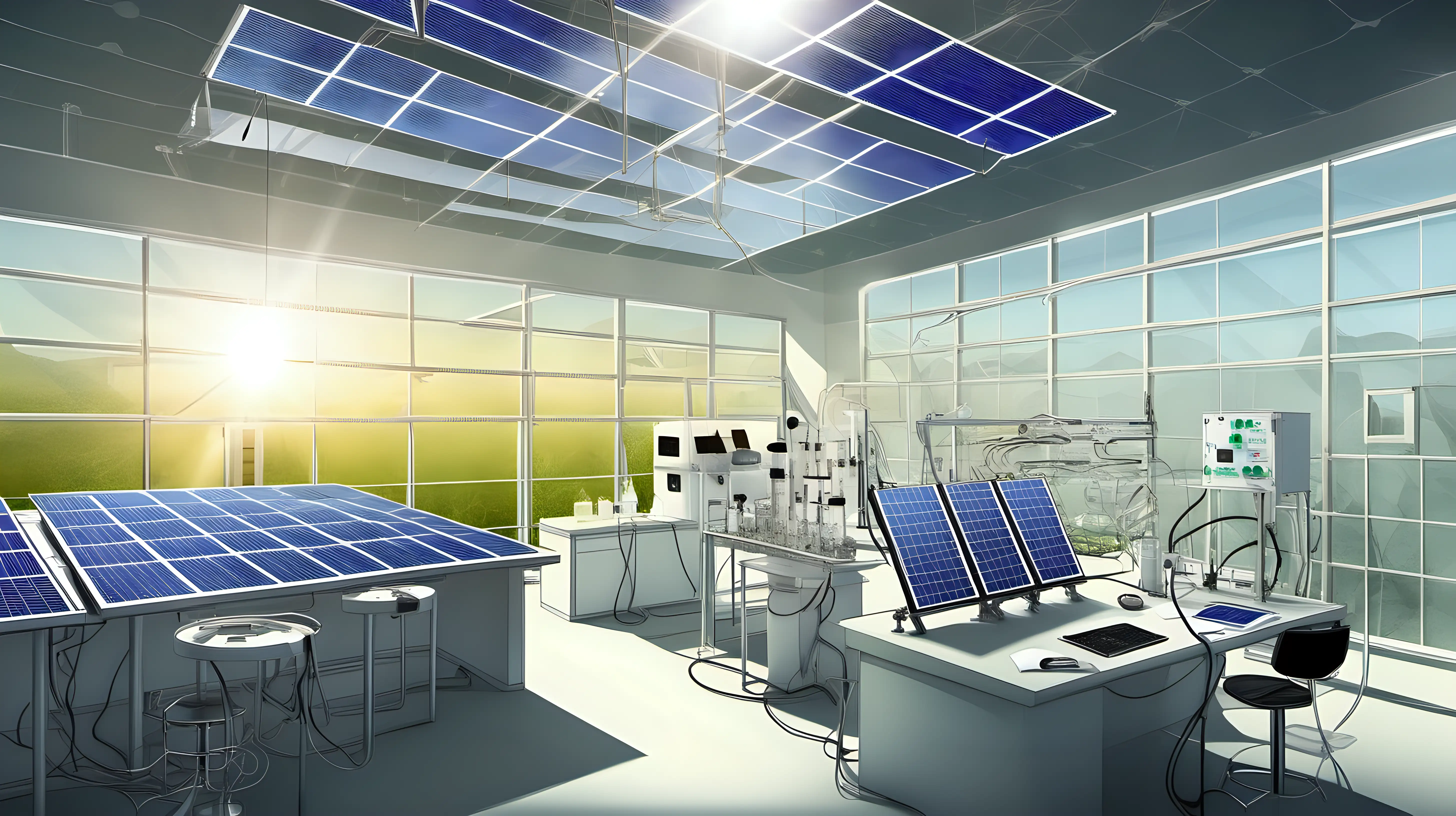 "Craft an illustration of a research laboratory developing breakthroughs in next-generation solar technology, highlighting advancements in efficiency and aesthetics."