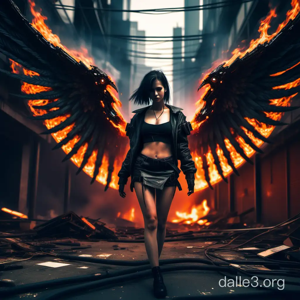 Cyberpunk Fallen Angel Girl Amid Inferno Fire | Dalle3 AI