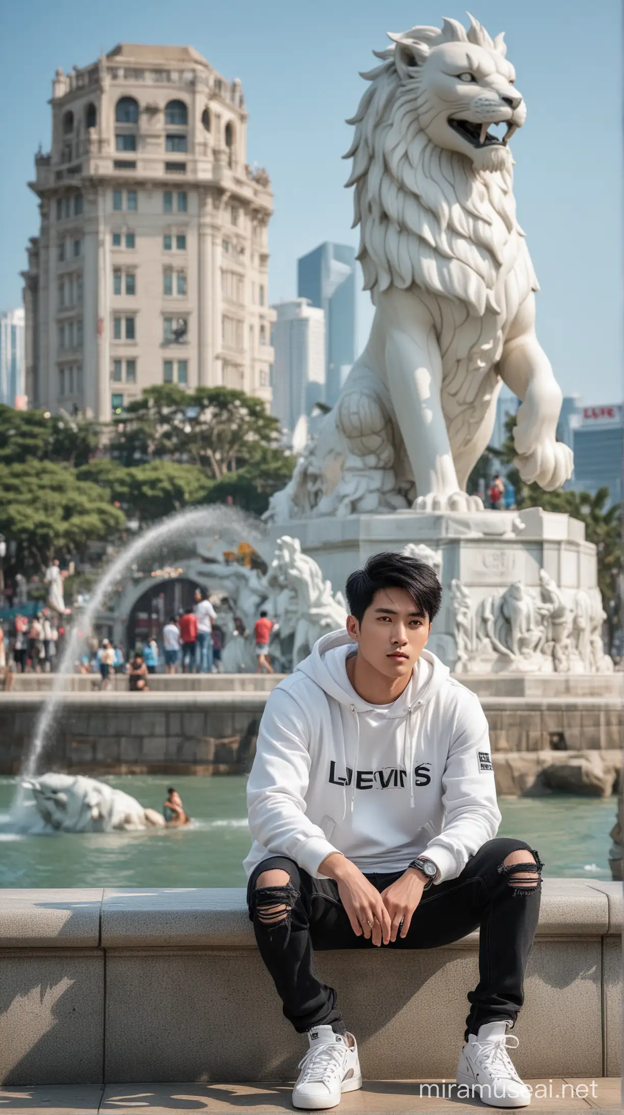 Stylish Korean Man Posing at Merlion Park in Singapore