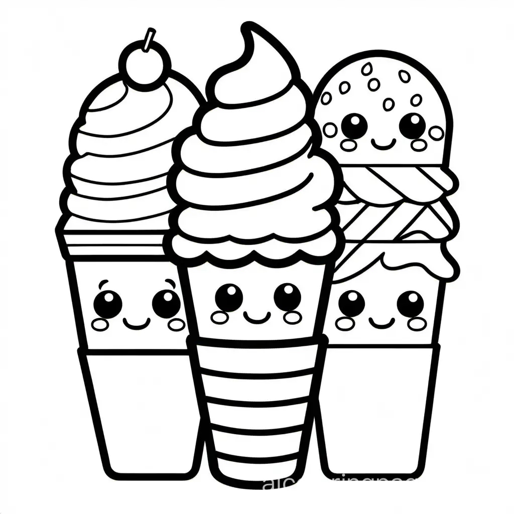 kawaii ice cream, Coloring Page, black and white, line art, white background, Simplicity, Ample White Space. The background of the coloring page is plain white to make it easy for young children to color within the lines. The outlines of all the subjects are easy to distinguish, making it simple for kids to color without too much difficulty