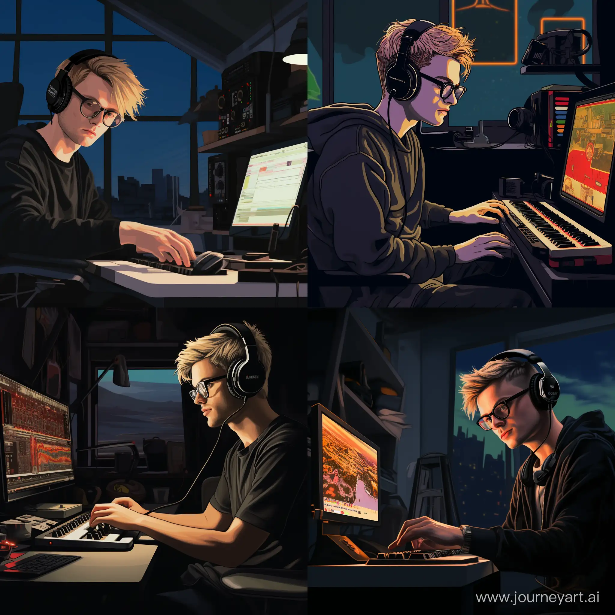 A hyper realistic image of a man in his mid 20s with short blonde hair, wearing black glasses, is sitting in his room alone, he has s small studio set up in his room and he is working on music, the room is dark and atmospheric, he is wearing headphones made out of burgers and ronald mcdonald is sitting next to him working on music. They both look sad.