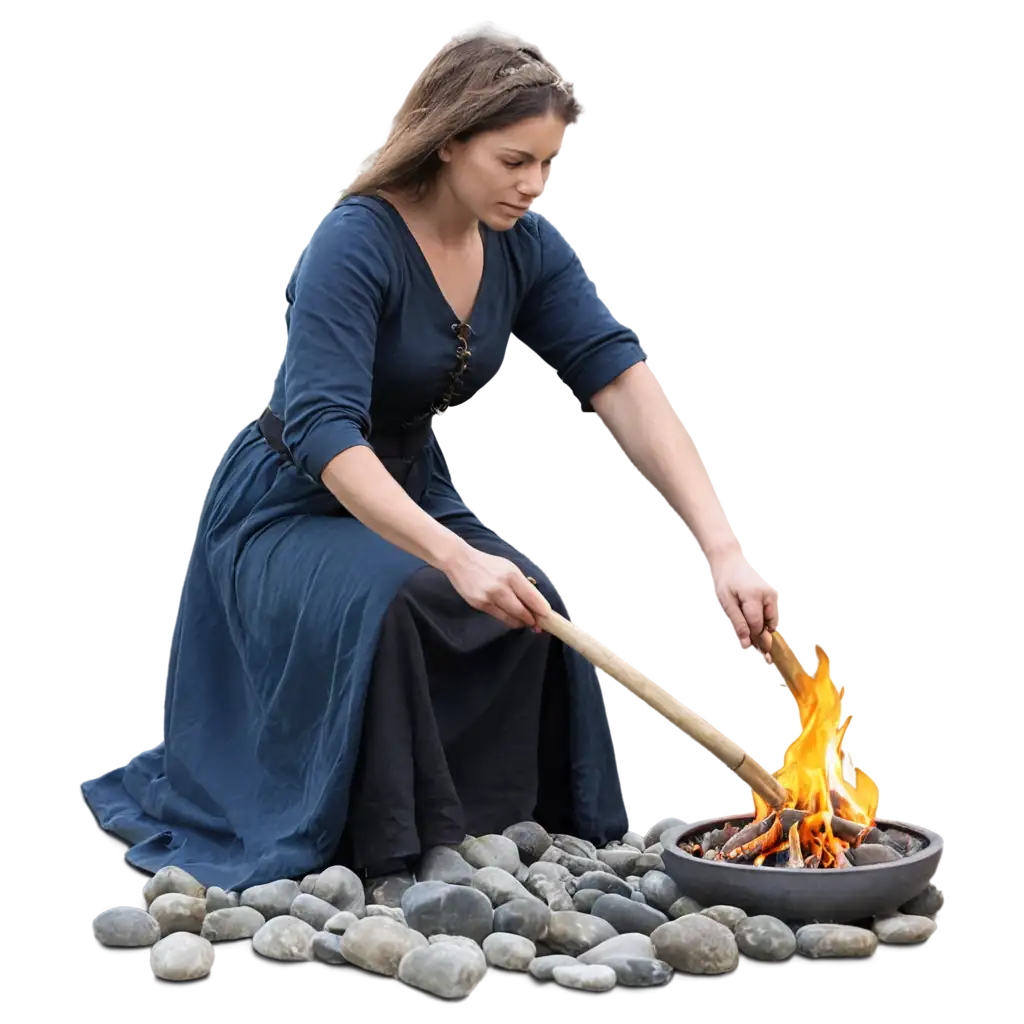 женщина пытается зажечь огонь в средневековье при помощи камней или палок

