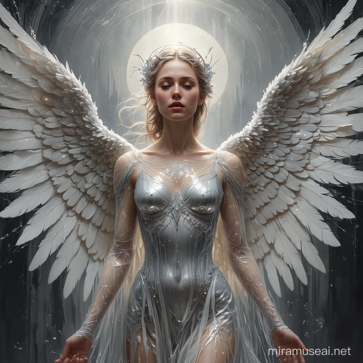 Within a futuristic oil painting,  An Angele ripping off her wings with pain . The image, reminiscent of a Renaissance portrait, exudes a sense of timeless elegance and sophistication. The intricate detailing of the subject's iridescent wings, shimmering silver threads, and ethereal halo is truly breathtaking. Every pixel of this high-resolution masterpiece reflects the artist's skill and dedication to creating a truly immersive experience for the viewer.