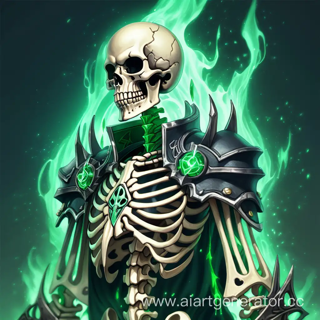 Fantasy grimdark warrior skeleton, with green magic essence flowing around it.
Profile picture.
2D old anime artstyle.