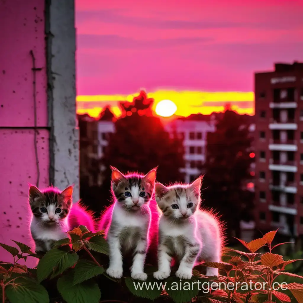 Scenic-Raspberry-Sunset-with-Playful-Kittens-and-Urban-Silhouette