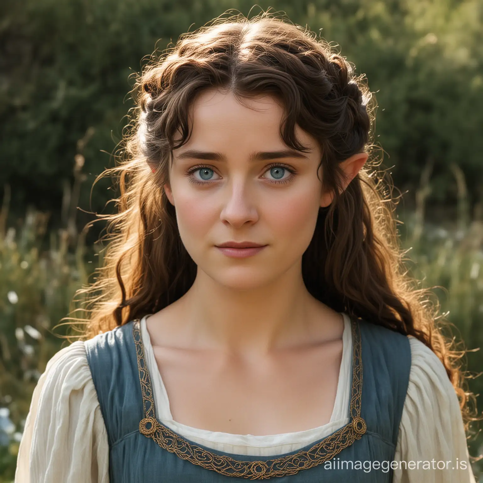 female Frodo Baggins (LotR) with long hair, blue eyes, wearing a dress, hobbit ears, pointy ears