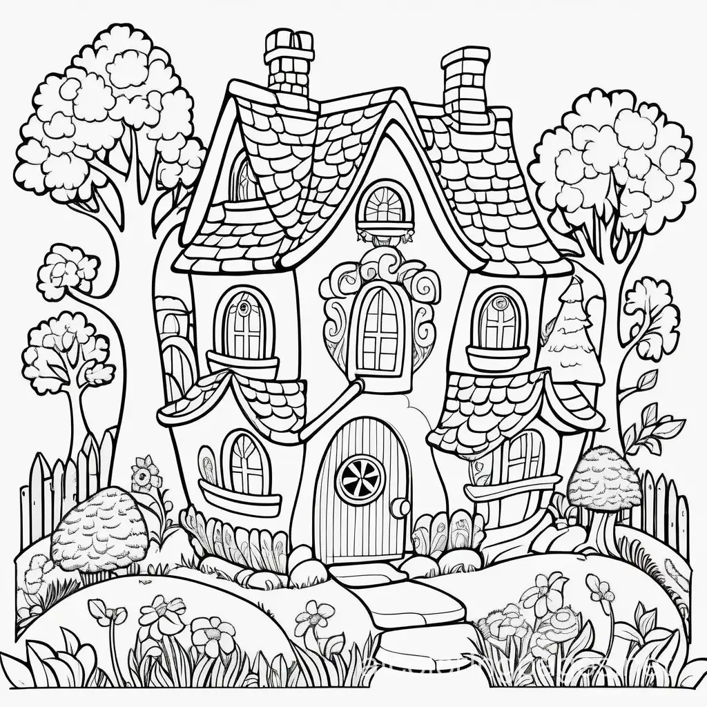 FANTASY STORY BOOK COTTAGE CLEAN LINES NO BLACK FILLING , SWIRLING FOLK ART STYLE , FULL PICTURE IN THE PAGE, Coloring Page, black and white, line art, white background, Simplicity, Ample White Space. The background of the coloring page is plain white to make it easy for young children to color within the lines. The outlines of all the subjects are easy to distinguish, making it simple for kids to color without too much difficulty