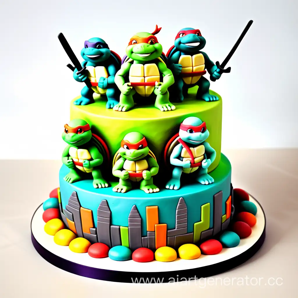 colorful cake with ninja turtle figures