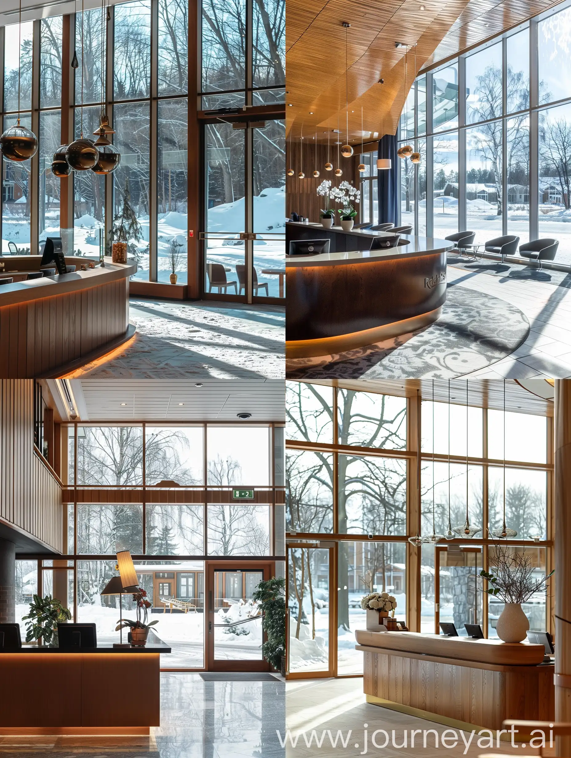 Radisson resort Hotel scandic style interior, reception desk, big windows, winter outside