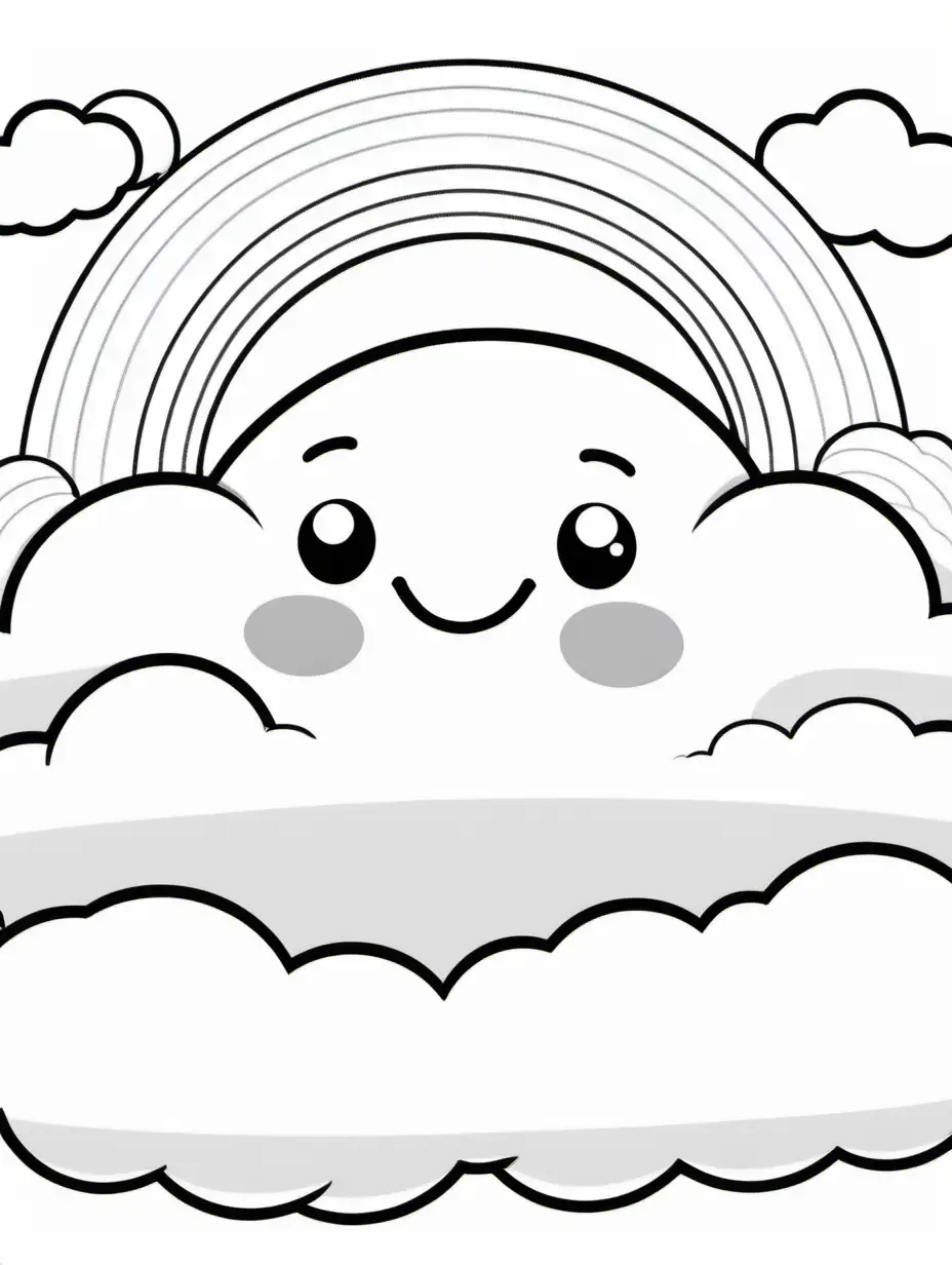Create a colouring page,  fluffy cloud with a rainbow, low detail,  black and white, thick lines, with a happy face ,no shading, low detail, simple cartoon style, light grey,colouring page 